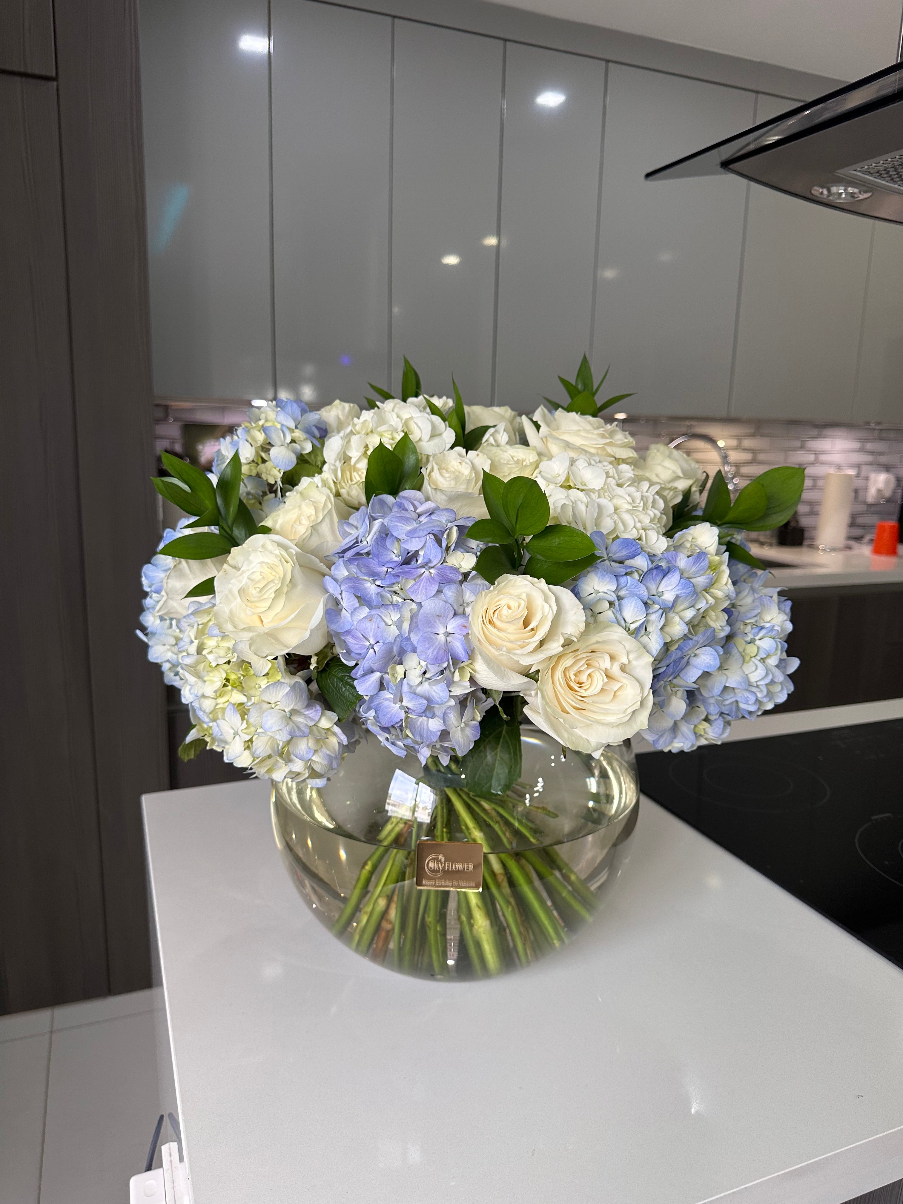 Blue Hydrangea & White Rose Vase